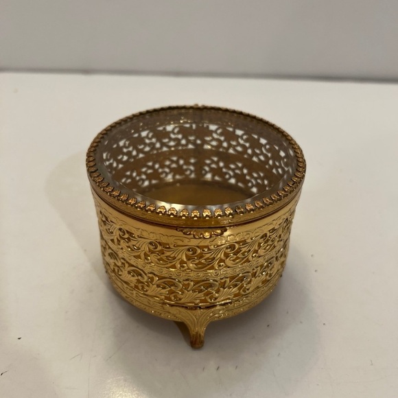 Ormolu Trinket Round Jewelry Box Gold Filigree Beveled Glass HInged Lid Vintage